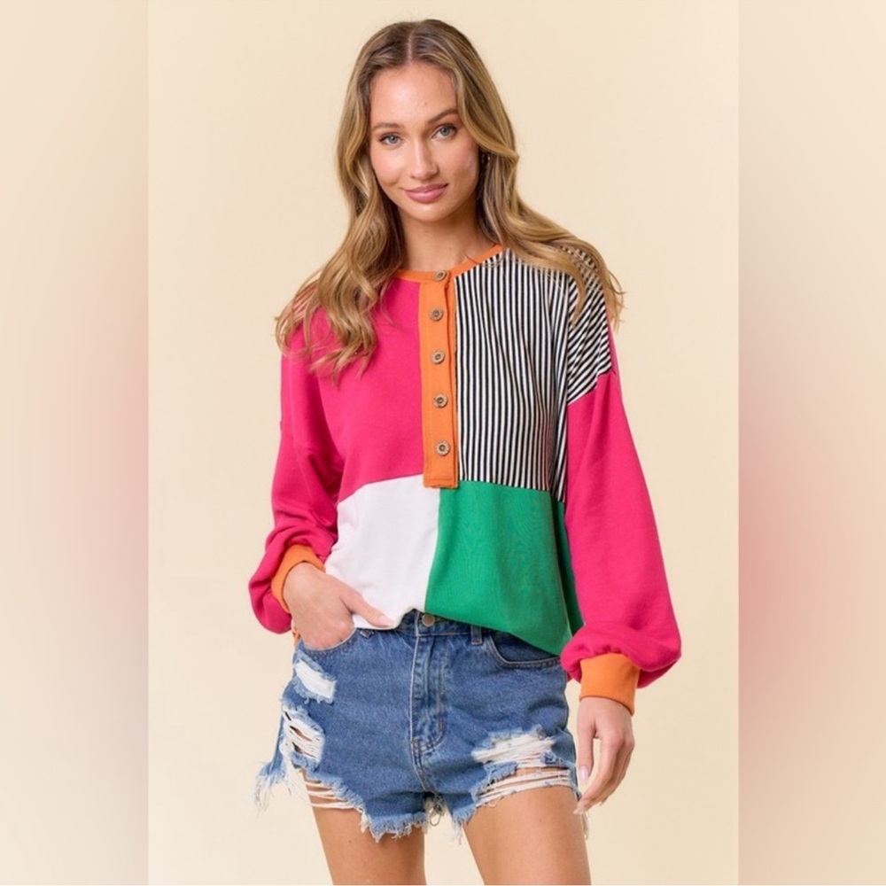 Lovely Melody Pink and Gray Long Sleeve Boxy Blouse